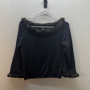 Y2K Faux Fur Trim Sweater Express Stretch Black Pennylane Glam 2000s Top Silk S